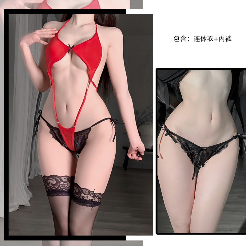 Image of erotic lingerie sexy one-piece swimcloth see-through temptation three-point halterneck bed temptation pajama set wholesale